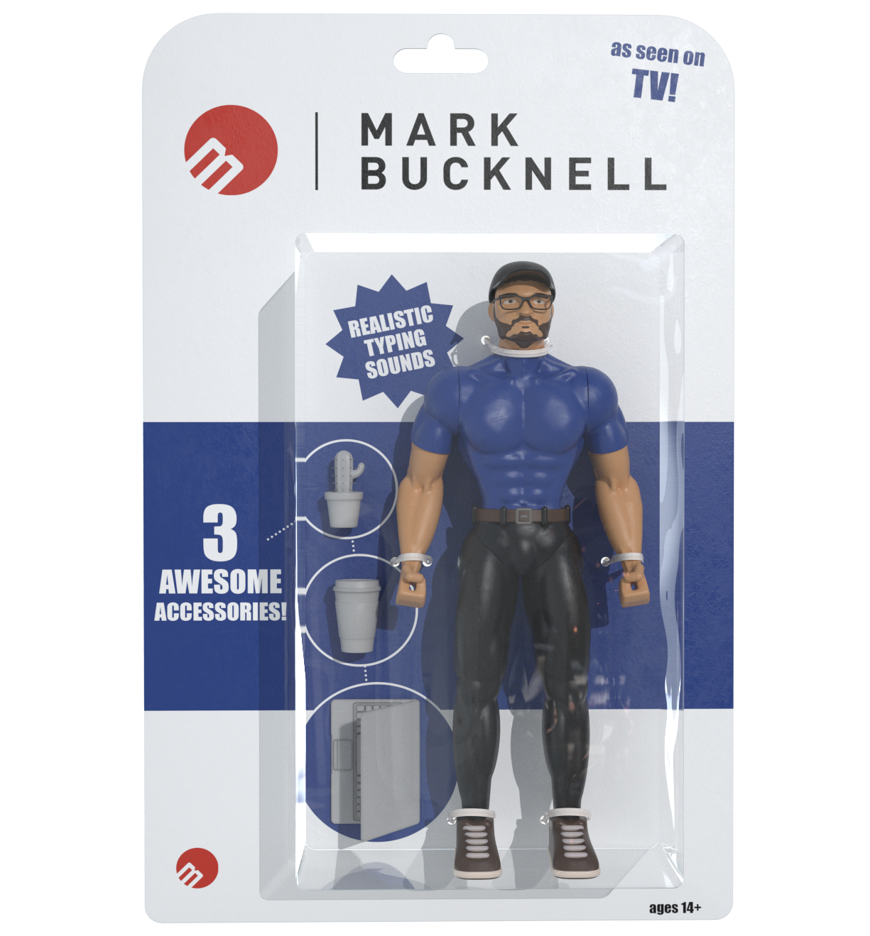mark bucknell action figure in packaging, it comes with realistic typing sounds and 3 awesome accessories